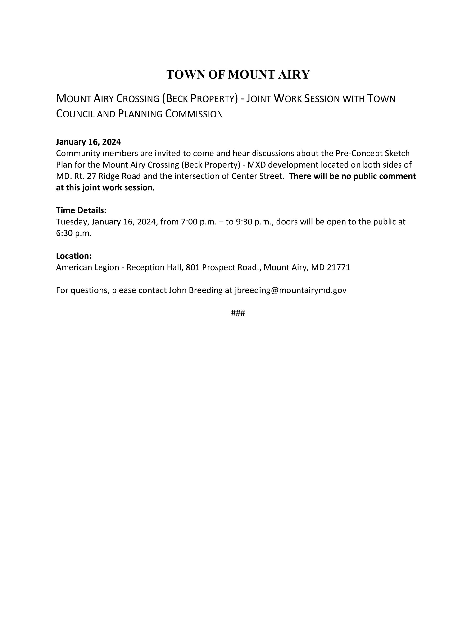 Mount Airy Crossing Joint Work Session 