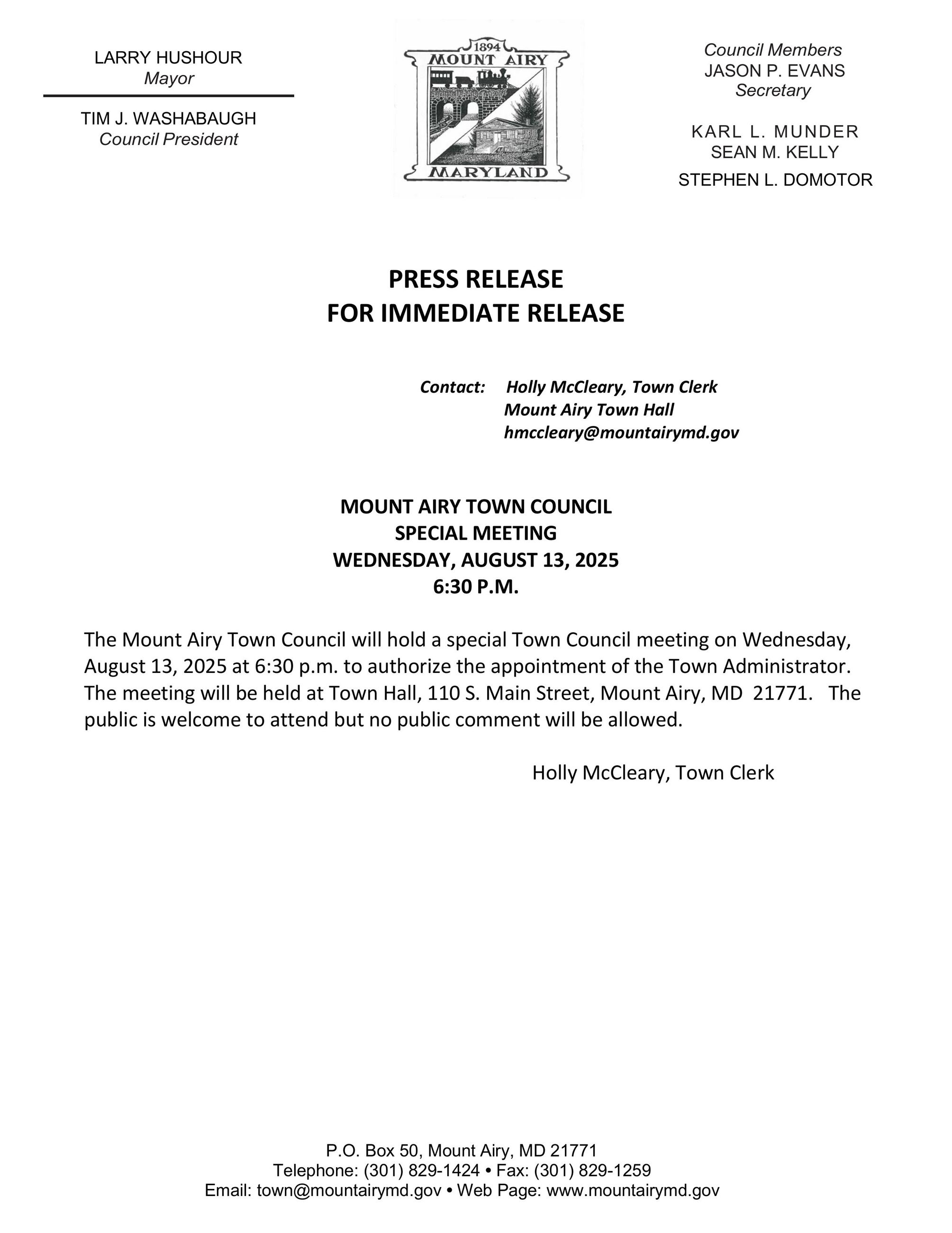 Press.Release.TownCouncil.SpecialMtg.081325