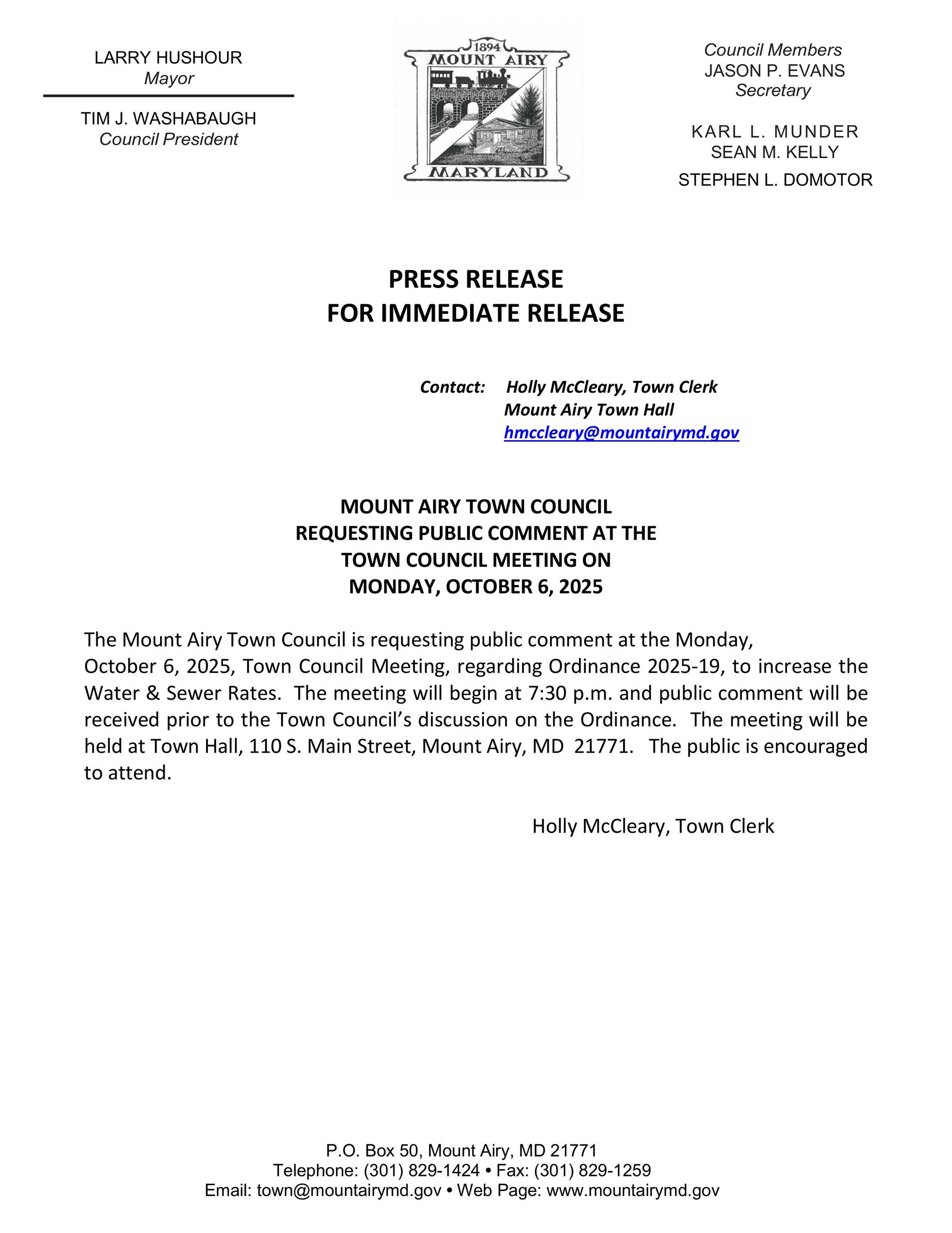 Press.Release.TownCouncil.PublicComment.100625