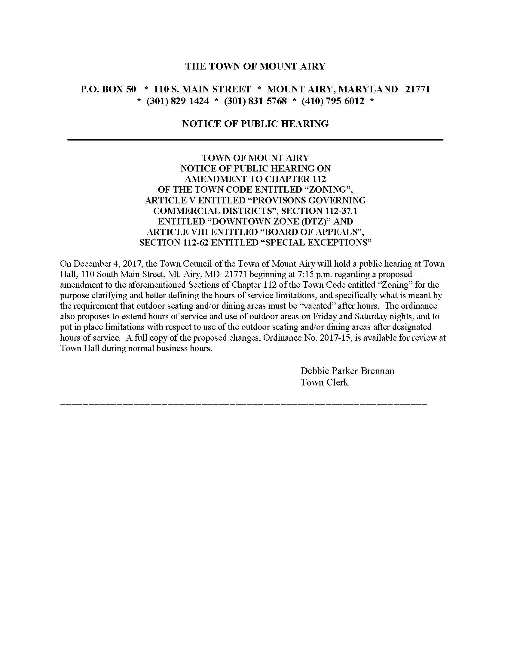 Ad for Ordinance 2017-15 - Changes to Outdoor Dining