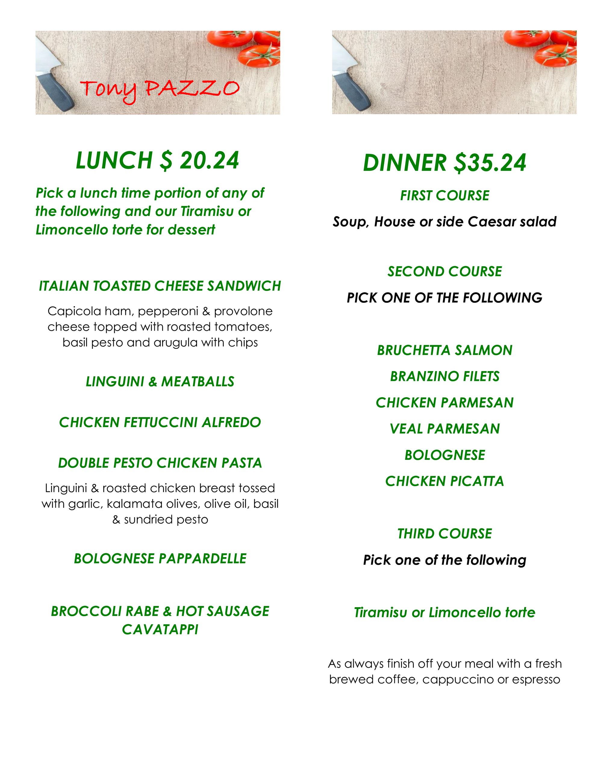 Tony Pazzo menu